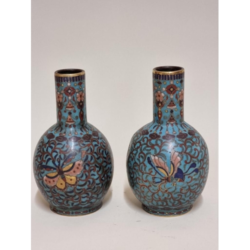 1518 - A pair of Chinese cloisonne enamel bottle vases, in Ming style, 14.5cm high.