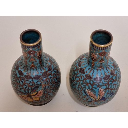 1518 - A pair of Chinese cloisonne enamel bottle vases, in Ming style, 14.5cm high.