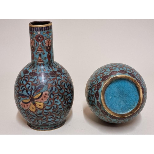 1518 - A pair of Chinese cloisonne enamel bottle vases, in Ming style, 14.5cm high.