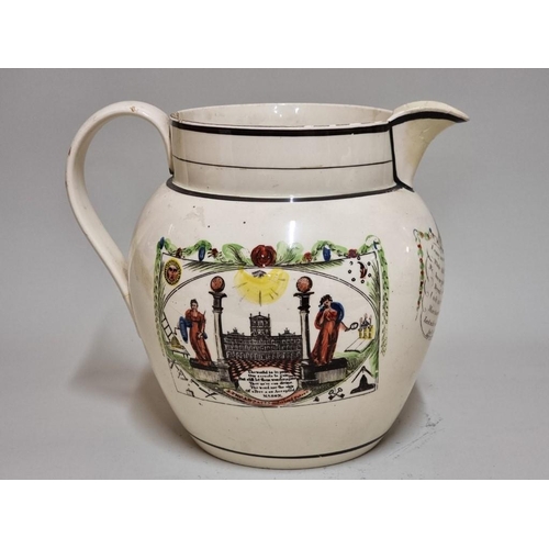 1553 - A late 18th century creamware masonic jug, printed with the cast iron bridge at Sunderland and with ... 