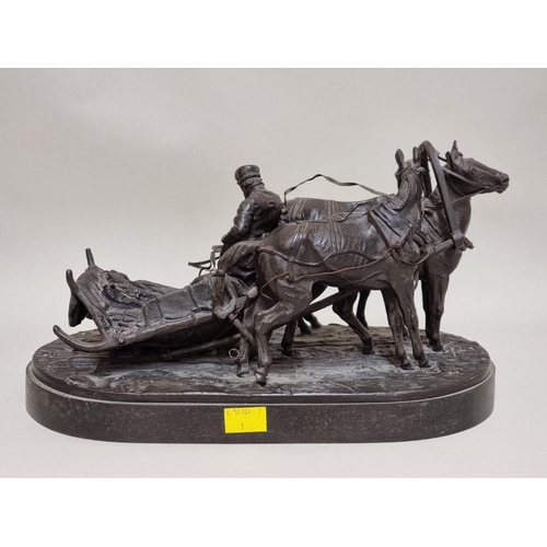 1589 - Evgenij Aleksandrovic Lansere, a bronze figure group of a horse drawn sleigh, signed in Cyrillic and... 