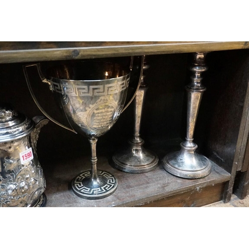 1590 - A collection of silver plate, to include an embossed lidded tankard, with ivory insulators. (7) DEFR... 