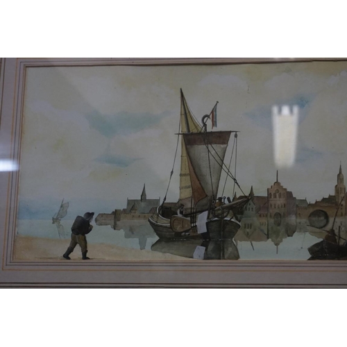 1603 - European School, a city port, watercolour, 27 x 61cm.