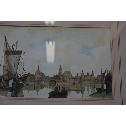 1603 - European School, a city port, watercolour, 27 x 61cm.