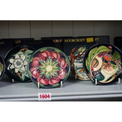 1604 - Ten Moorcroft pin dishes, to include Arabian Nights and Woodside Farm - Christmas Winter Foxes Snow ... 