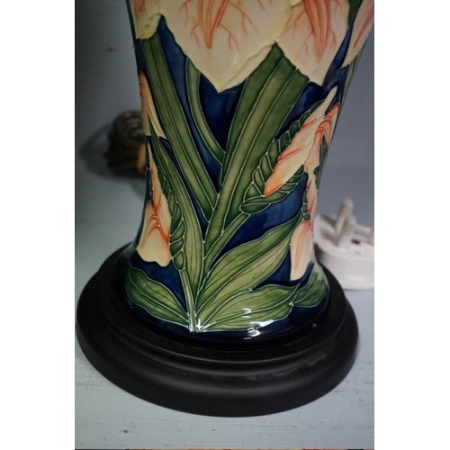 1605 - A pair of Moorcroft 'Windrush (Yellow Iris)' pattern table lamps, height including fitting 37.5cm hi... 