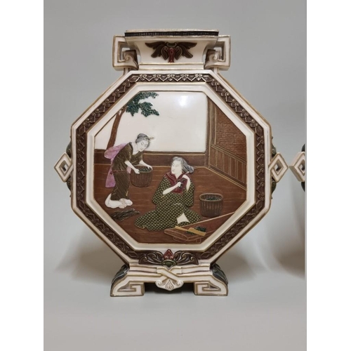 1623 - A good pair of Royal Worcester Japanesque octagonal vases, by James Hadley, dated 1872, each finely ... 