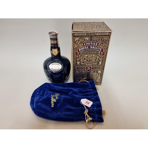 33 - A 75cl bottle of Chivas Royal Salute 21 year old 'Sapphire Flagon', in velvet draw string bag and ca... 