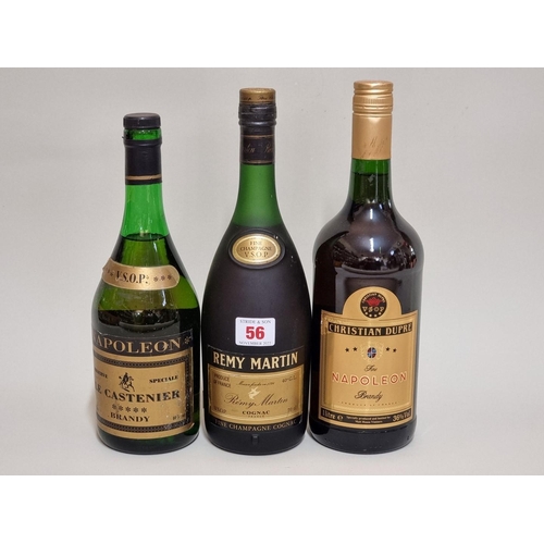 56 - Three bottles of brandy, comprising: a 70cl Remy Martin VSOP cognac; a 1 litre Christian Dupre Napol... 