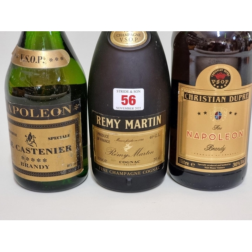 56 - Three bottles of brandy, comprising: a 70cl Remy Martin VSOP cognac; a 1 litre Christian Dupre Napol... 