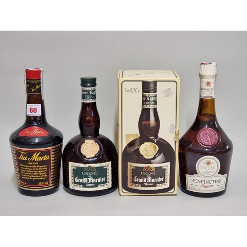 60 - Three 70cl bottles of liqueur, comprising: Creme de Grand Marnier, in oc; Tia Maria; and Benedictine... 