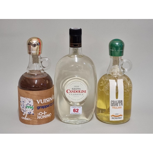 62 - Three 70cl bottles of Grappa, comprising: Nonino Vuisinar 1996; Nonino Fruilana; and Candolini Class... 