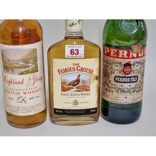 63 - A 70cl bottle of Pernod; together with a 70cl bottle of Highland Glory blended whisky, (seal broken)... 