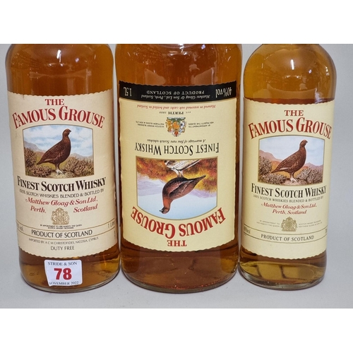 78 - Three bottles of The Famous Grouse blended whisky, comprising: a 1.5 litre; a 1 litre; and a 70cl. (... 