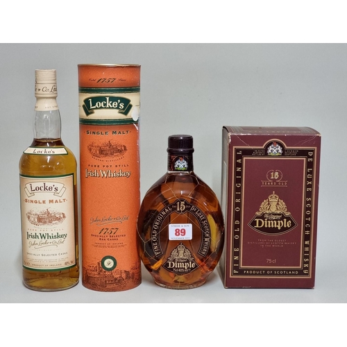 89 - A 75cl bottle of Locke's Irish whisky, in card tube; together with a 75cl bottle of Dimple 15 year o... 