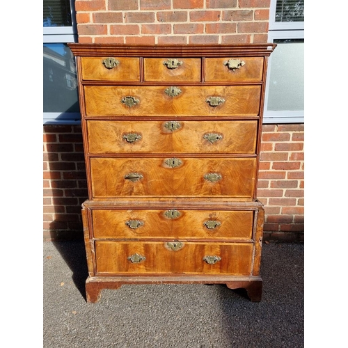 1115 - A George I walnut and crossbanded chest on chest, 141.5cm high x 99.5cm wide.