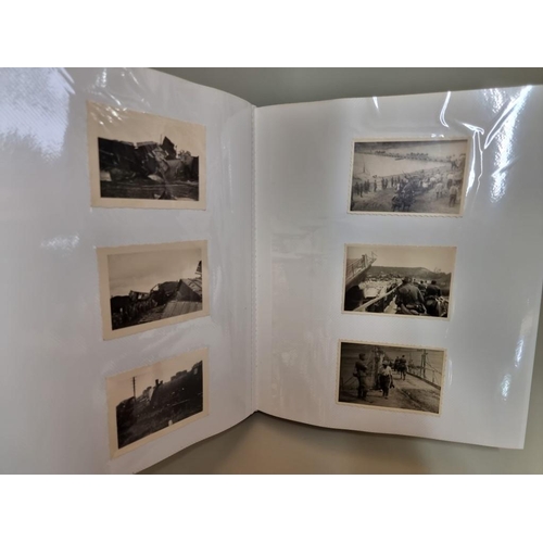 1674 - An interesting photograph album, containing 92 World War II black and white snapshots, with owner's ... 