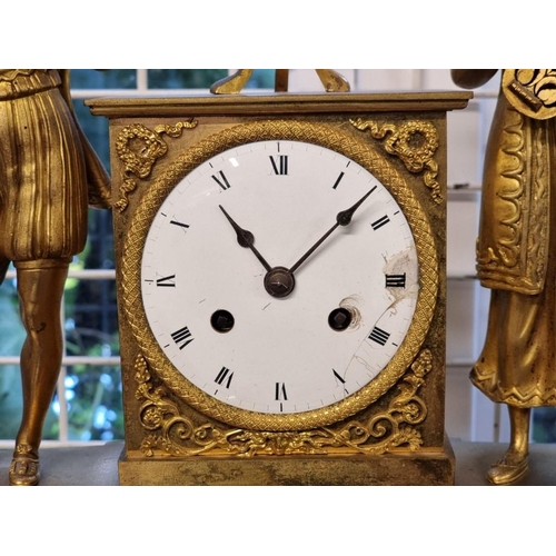 1689 - A rare 19th century French gilt bronze figural musical mantel clock, the mahogany base with 6in cyli... 