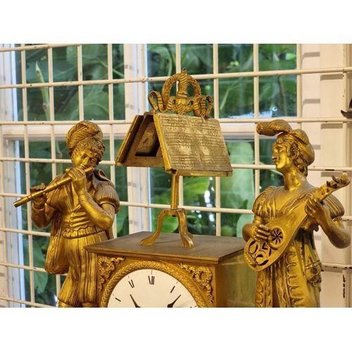 1689 - A rare 19th century French gilt bronze figural musical mantel clock, the mahogany base with 6in cyli... 