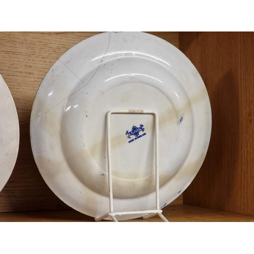 1696 - Three antique blue and white pottery mess plates, 24cm diameter, (a.f).