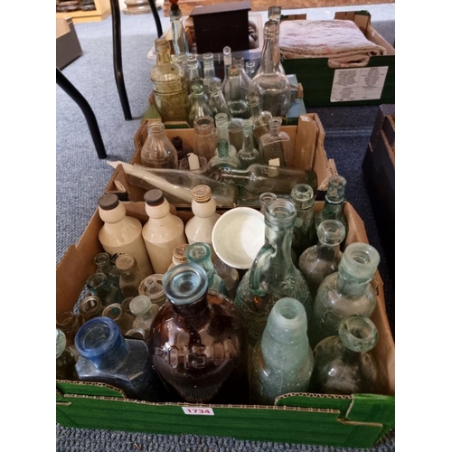 1734 - A large collection of old glass bottles and related. (three trays)