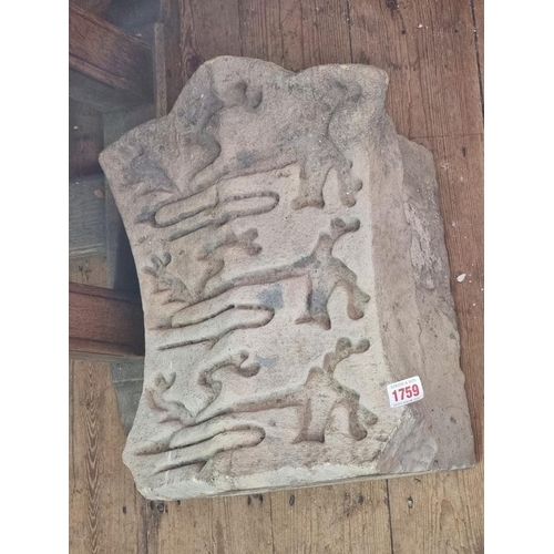 1759 - An interesting carved limestone keystone, possibly medieval, carved with the royal lions of England,... 