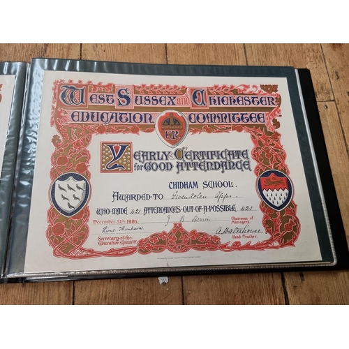 209 - SCHOOL ATTENDANCE CERTIFICATES: a collection of 13 housed in modern album, early 20thc examples... 