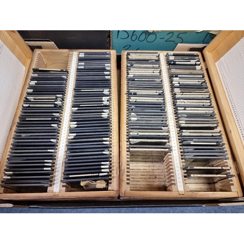 234 - MAGIC LANTERN SLIDES: collection of approx 170 slides contained in two old pine boxes, largely ... 