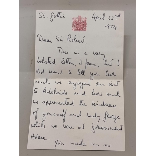 249 - QUEEN ELIZABETH II, HANDWRITTEN LETTER: two side ALS to Sir Robert George, signed 'Elizabeth R', SS ... 