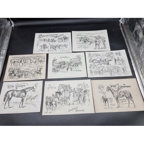 268 - EQUESTRIANISM: group of 8 lively pen and ink drawings, approx 11 x 8cm, circa 1895: signed with... 