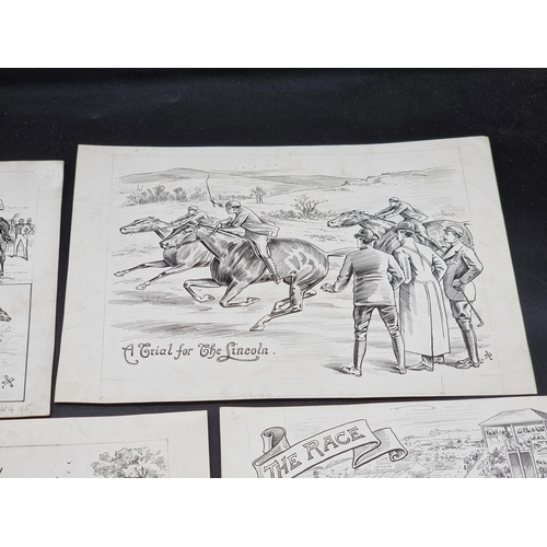 268 - EQUESTRIANISM: group of 8 lively pen and ink drawings, approx 11 x 8cm, circa 1895: signed with... 