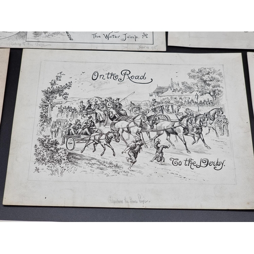 268 - EQUESTRIANISM: group of 8 lively pen and ink drawings, approx 11 x 8cm, circa 1895: signed with... 