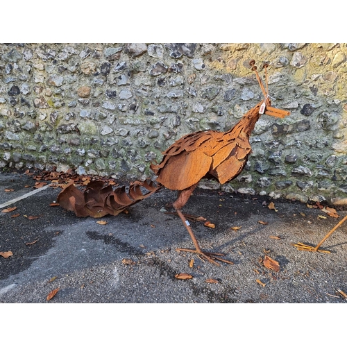 1002 - A lifesize steel peacock, approx 123cm; and another similar bird, 63cm high, (both oxidised). (2)... 