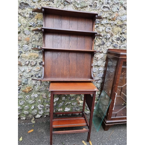 1023 - A sundry lot, to include: a mahogany display cabinet; two gilt mirrors; a hanging wall shelf; and a ... 