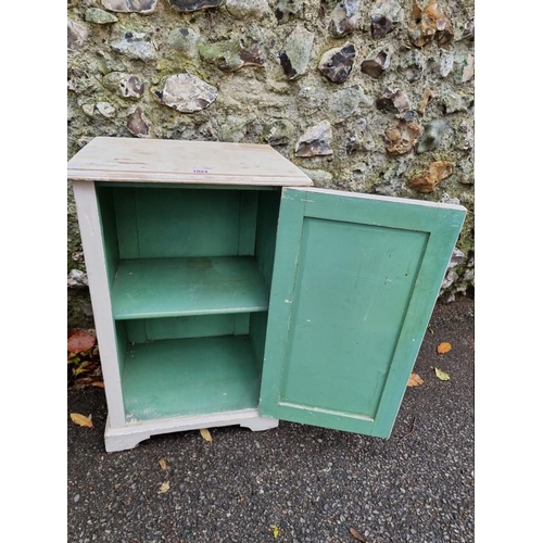 1024 - A white painted pine pot cupboard, 62.5cm high x 42cm wide; together with an oak trefoil table, 55cm... 