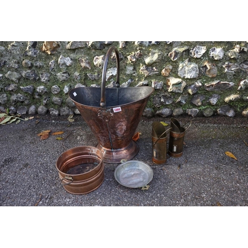 1060 - An unusual copper coal scuttle; together with other metalware. 