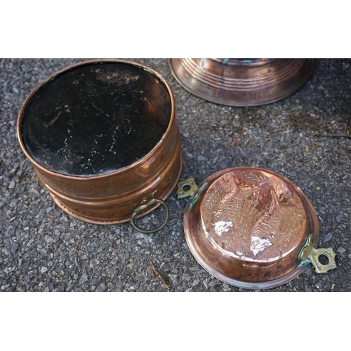 1060 - An unusual copper coal scuttle; together with other metalware. 