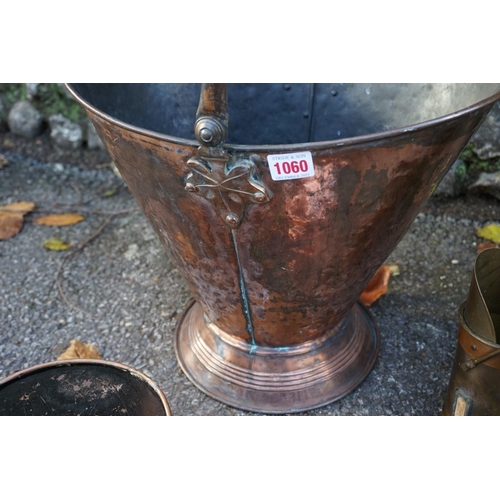 1060 - An unusual copper coal scuttle; together with other metalware. 