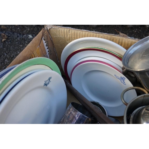 1063 - A quantity of antique pottery mess plates; together with a quantity of metalware.