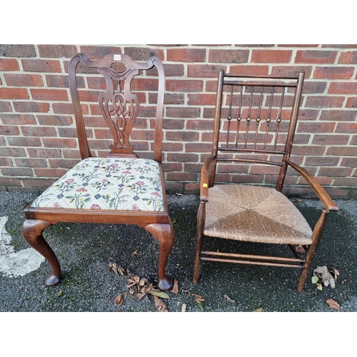 1073 - An antique mahogany dining chair, having tapestry set; together with an oak and cane seated chair. (... 