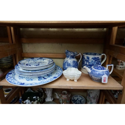 1120 - A collection of English blue and white pottery, to include a 19th century porter mug, (cracked); tog... 