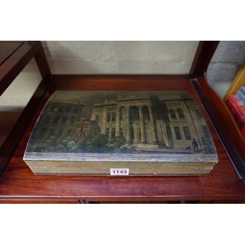 1143 - An antique dome top box and cover, the top printed with a view of Salters Hall, London, 30.5cm wide,... 