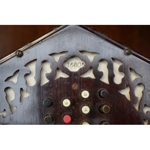 1176 - An antique faux grained concertina, of hexagonal form, numbered 15805; together with a Regency rosew... 