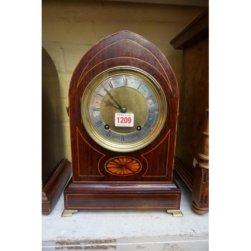 1209 - An antique rosewood and inlaid lancet form mantel clock, 32.5cm high, with pendulum. ... 