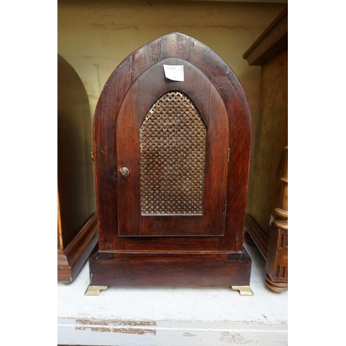 1209 - An antique rosewood and inlaid lancet form mantel clock, 32.5cm high, with pendulum. ... 