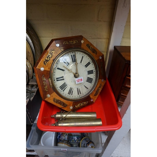 1219 - A late 19th century rosewood, maple and brass inlaid postman's octagonal wall clock, with two w... 