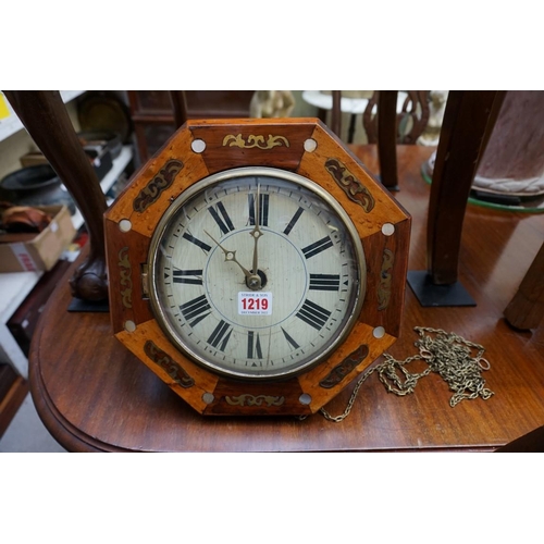 1219 - A late 19th century rosewood, maple and brass inlaid postman's octagonal wall clock, with two w... 