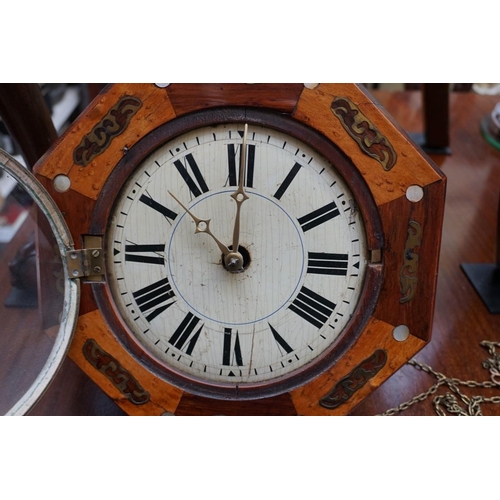 1219 - A late 19th century rosewood, maple and brass inlaid postman's octagonal wall clock, with two w... 