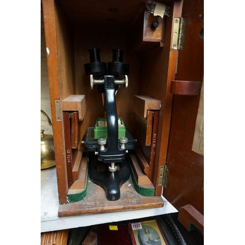 1228 - A 1940s binocular microscope, labelled 'W R Prior & Co', the case inscribed 'Bedford College, Zo... 