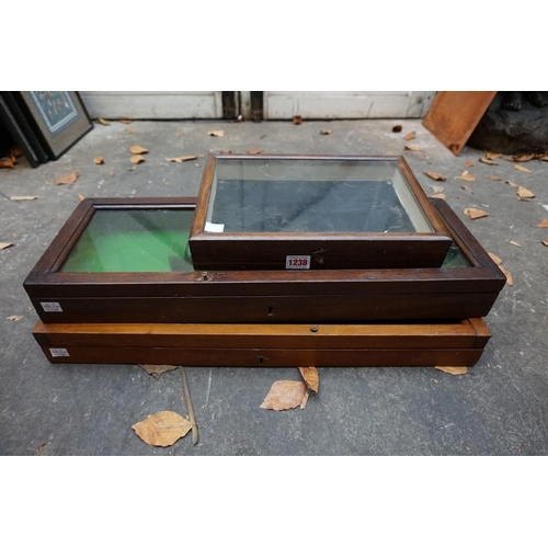 1238 - Three old pistol display cases, each with glass top, 61cm wide. 